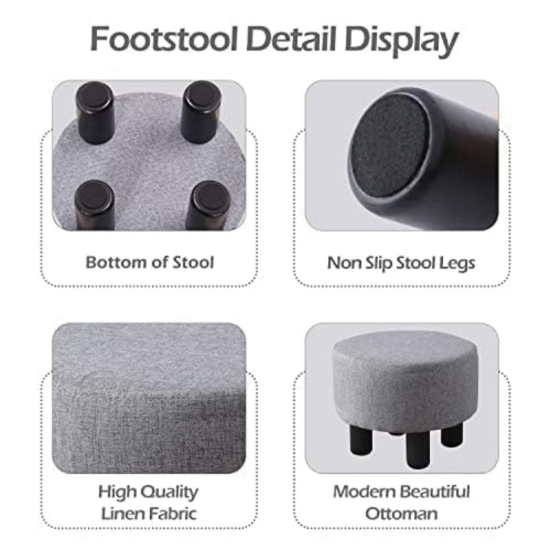 Wood Accent Stool, Dark Gray Linen