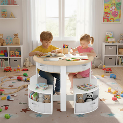 Children's Wooden Table and Chair Set, Round Nesting Kids Activity Table with 4 Stools Storage Drawers for Art Craft Study
