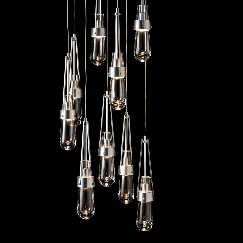 Luminaire suspendu 9 lumières Link, Standard: 19" to 80", Verre transparent, Sterling