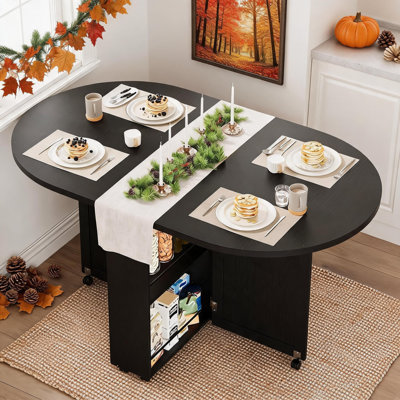 Table de salle à manger pliante 3 en 1 avec rangement - Table de cuisine ovale extensible de 51 pouces sur roulettes verrouillables - Casier à vin, tiroir et étagères - Gain de place pour les petits espaces.