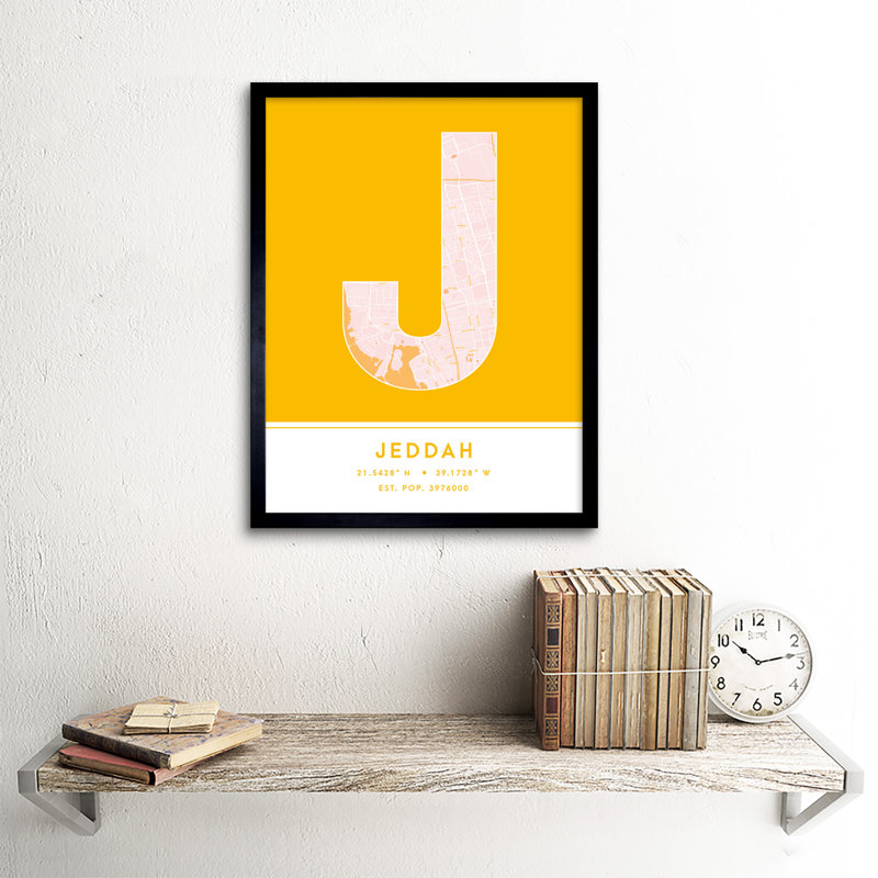 Jeddah City Map Jeddah Saudi Arabia City Map Yellow by Wee Blue Coo - Single Picture Frame Typography