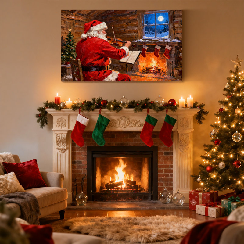 Ensemble de 3 reproductions d'art sur toile, "Christmas Santa jouant du violon au coin du feu", H 16 po x l 24 po