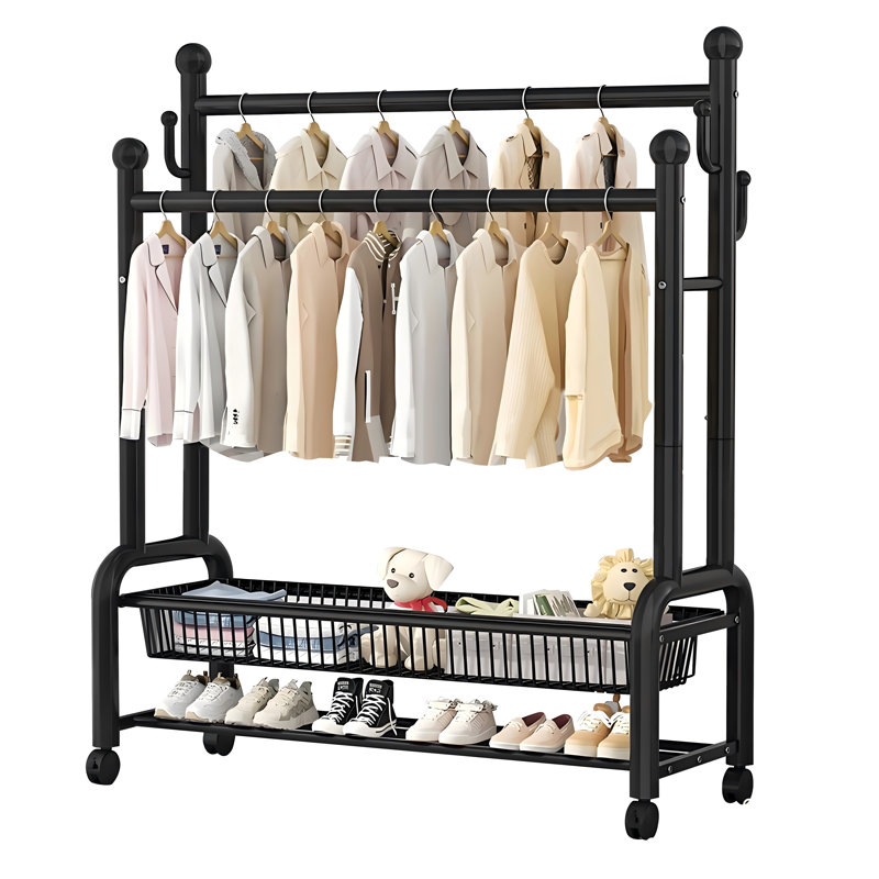Porte-vêtements à double tringle 47 pouces avec roulettes, porte-vêtements en tube d'acier de 32 mm pour suspendre les vêtements, 4 crochets, portemanteau multifonctionnel, noir