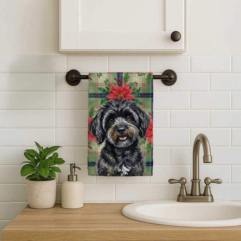 Black Havanese Christmas PoinsettIas Kitchen Towel, Black Havanese