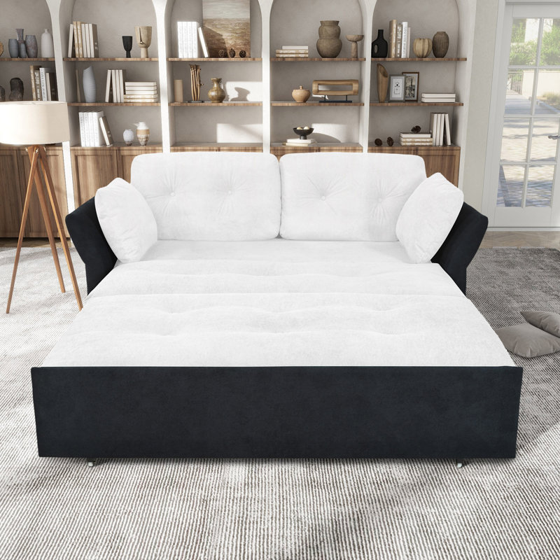Convertible Pull Out Sofa Sleeper with  Side Storage, White Chenille