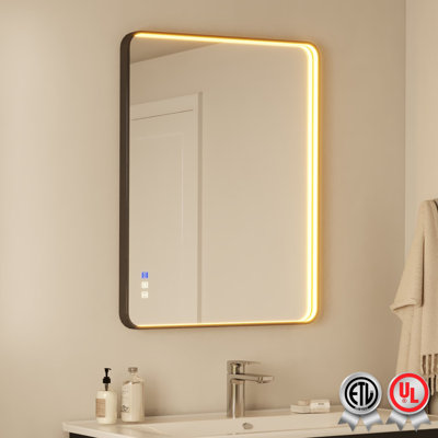 Waterpar Rounded Corner Rectangular Aluminum Framed LED Wall Bathroom Vanity Mirror, 3 Color Temperature, Dimmable & Anti-Fog Tempered Glass LED Bathroom Mirror