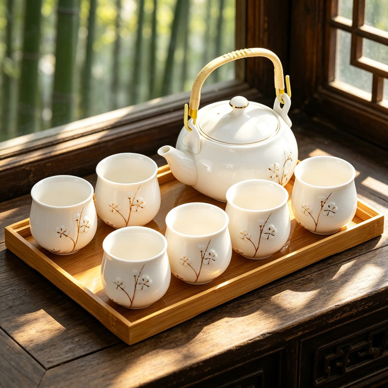 Service à thé japonais, théière en céramique blanche avec motif en relief de fleurs de prunier, théière de 660 ml, 6 tasses à thé, plateau à thé en bambou, crépine en acier inoxydable, service à la maison ou cadeau, service à thé Kung Fu