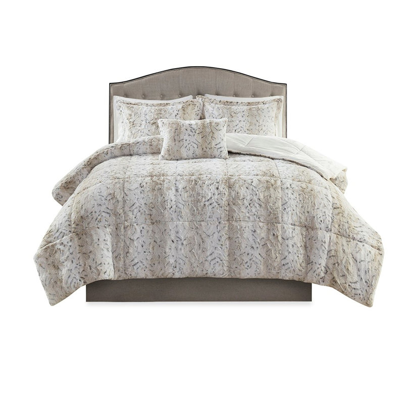 Édredon en fausse fourrure pour lit double / grand lit - 4 pièces avec édredon, 2 taies décoratives et coussin décoratif confortable