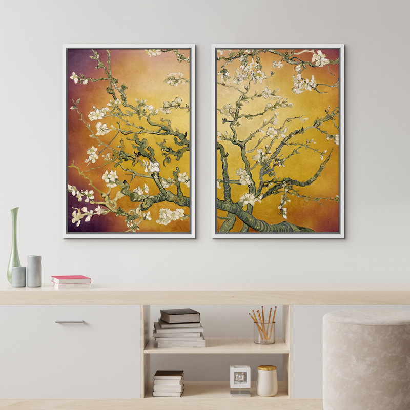 «Amandier en fleurs» par Vincent van Gogh, H 36 po x l 48 po x P 1,5 po, Golden Sunset Gradient, Cadre blanc