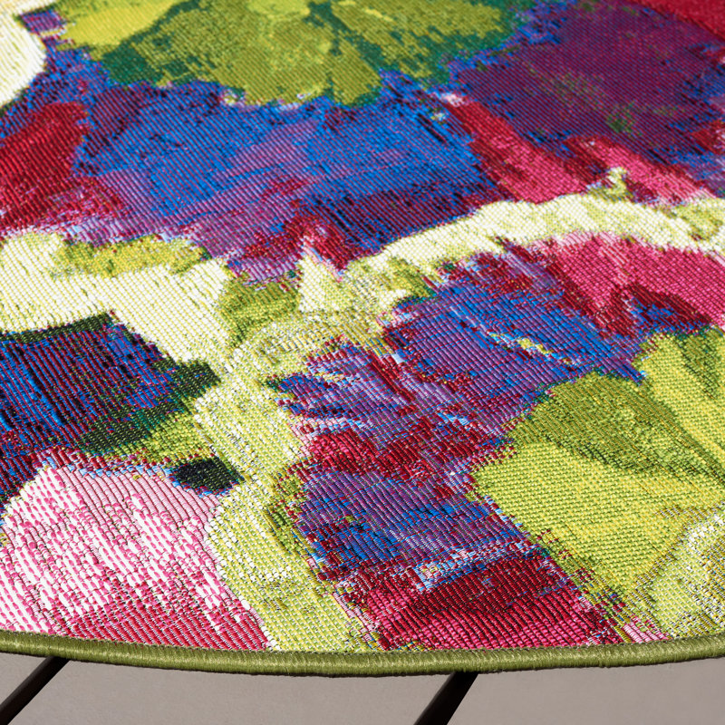 Tapis noir / vert / mauve en polypropylène tissé à la machine Arainna Makenize, Rond 6 pi 6 po
