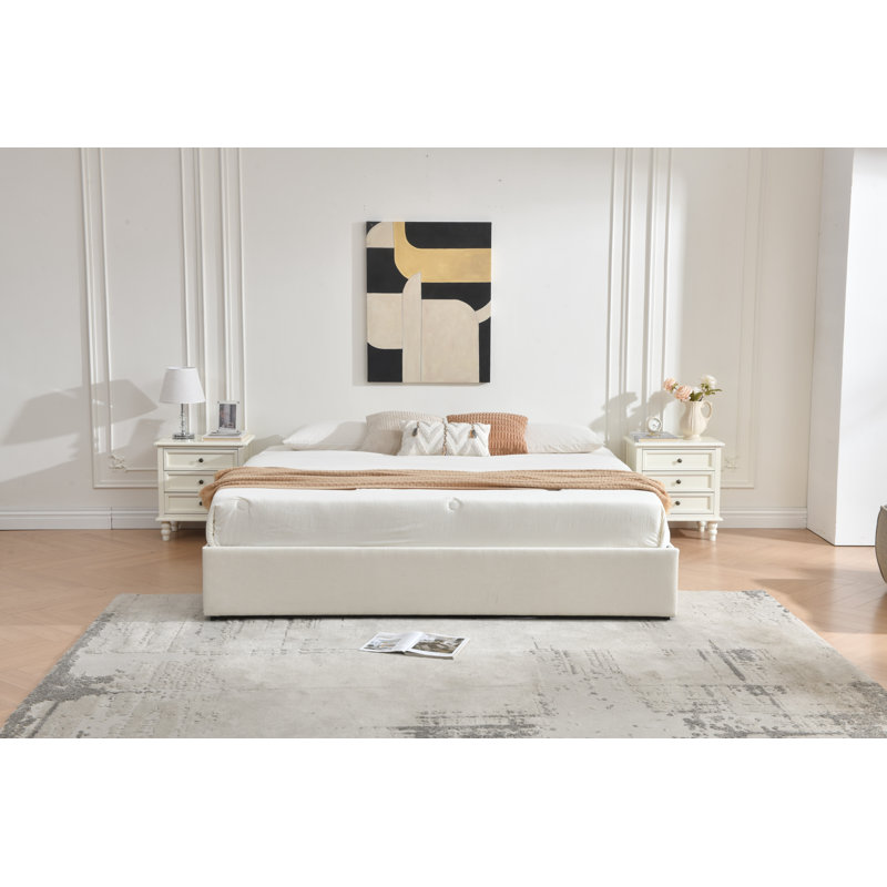 Lit plateforme avec rangement à 4 tiroirs Schernik, Beige, Grand lit