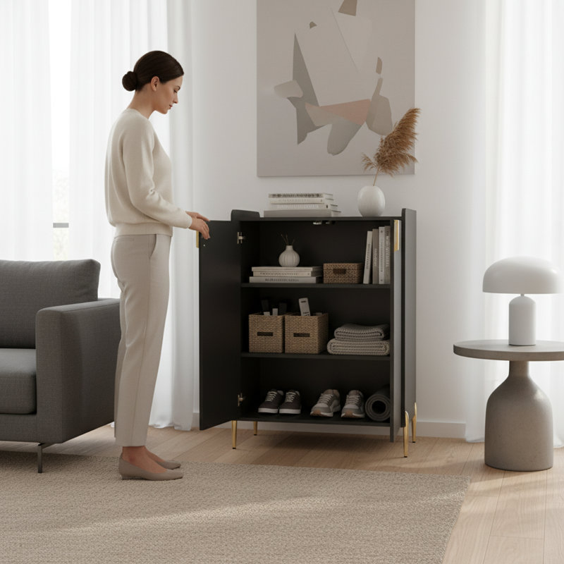 Bar à vin 2 portes avec support et tablette réglable, noir | Idée de cadeau, Matte Black
