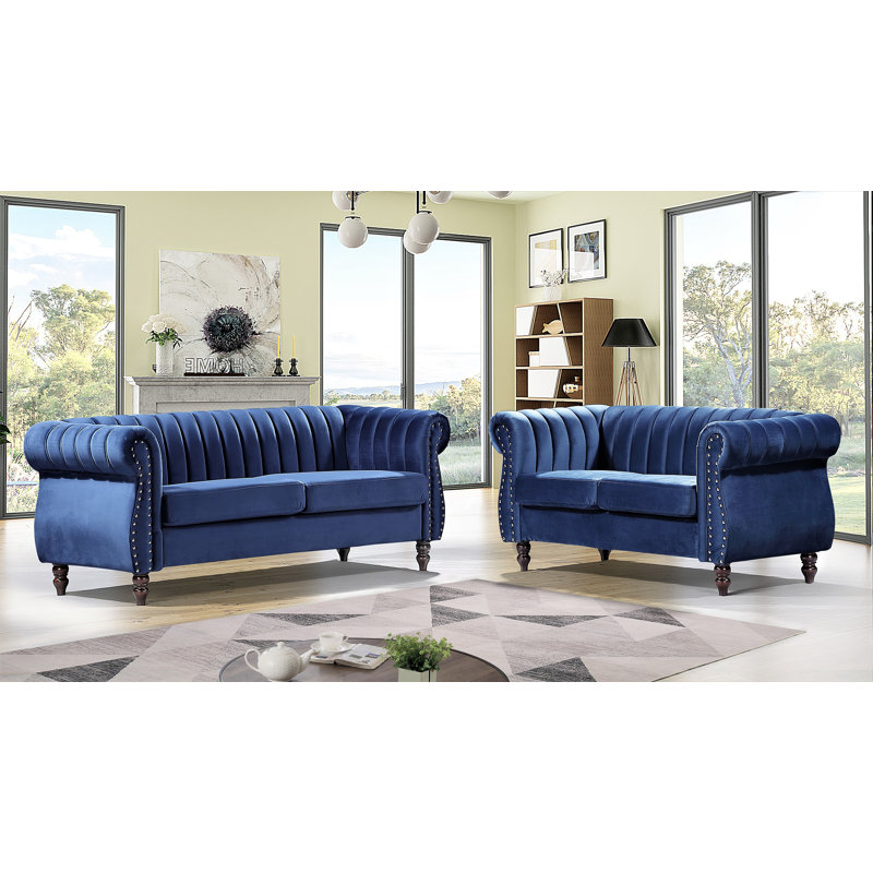 Ensemble de salon en velours Capucina, Velours bleu foncé