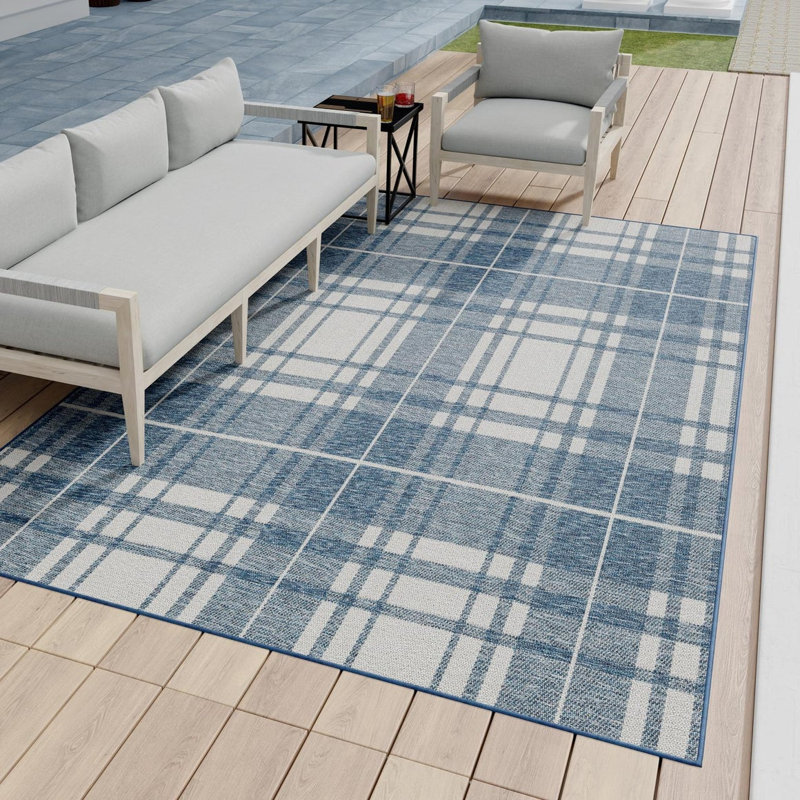 Tereon Plaid Machine Made Power Loom Polypropylene Plastic Indoor/Outdoor Area Rug in Blue/White, Rectangle 6'1" x 9'