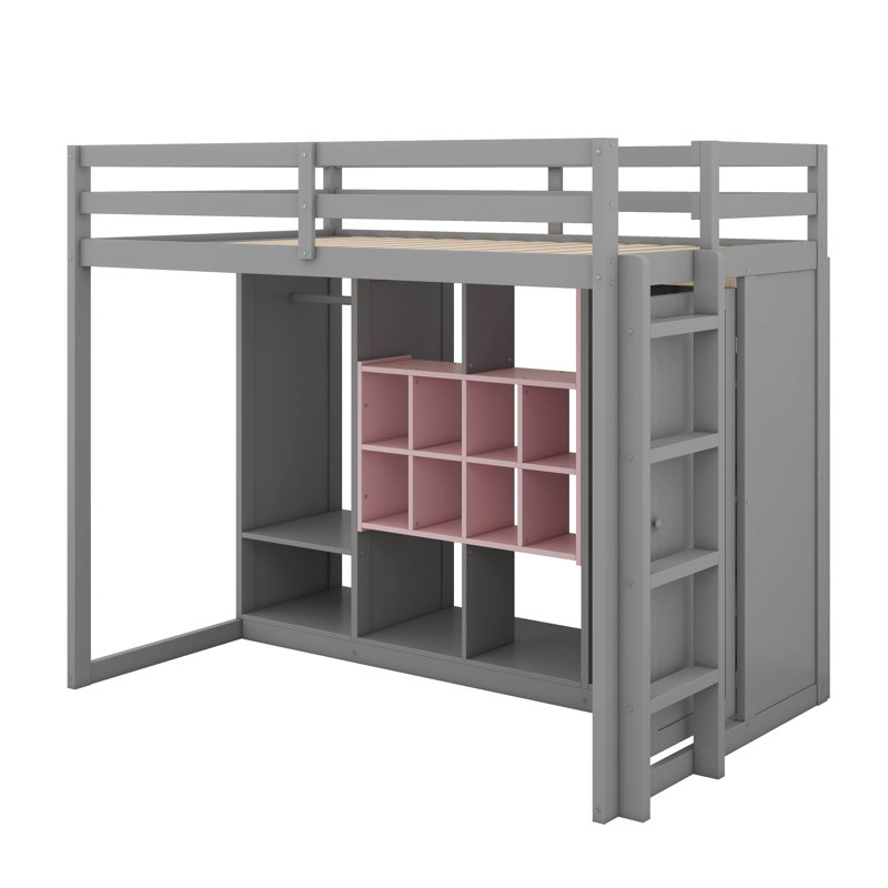 Lit mezzanine simple en bois avec garde-robe, tablettes et armoire, cadre de lit multi-rangement peu encombrant avec échelle réversible