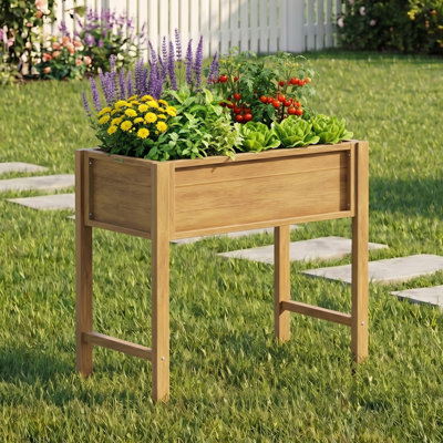 Outdoor HIPS Raised Garden Bed with Legs 34 x 18 x 30in Weather-Resistant Elevated Planter Box with Drainage Holes Liner Suitable for Patio Deck Backyard - Teak Planter Box 385 lb Capacity for Suburban Homes