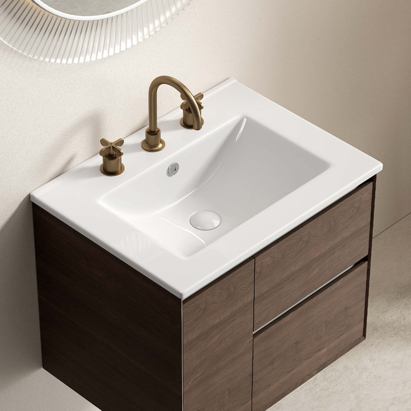 24 Inch Bathroom Vessel Sink, Ceramic Bathroom Vanity Sink Top No Drain Convenient for Storing Personal Items, 3 Holes