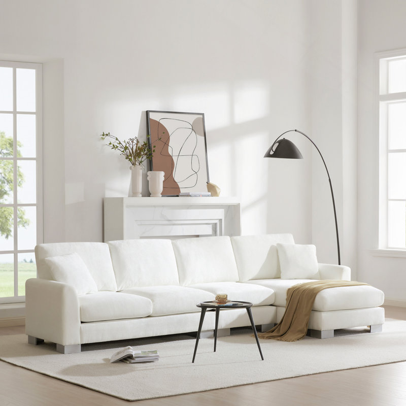 Emerton Modern Oversized Sectional Sofa, White Chenille