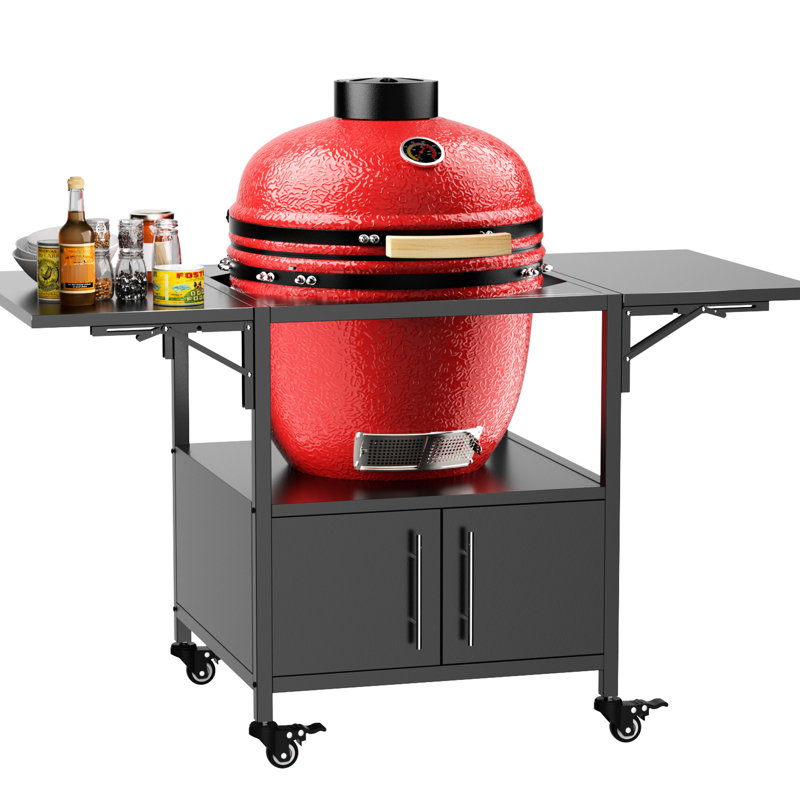 Table de barbecue extérieure en métal pour barbecue de style gros œuf, comprenant des planches latérales pliables, supportant des grils de grande taille et similaires, fabrication en fer robuste, rangement pour outils spacieux, assemblage rapide, mobi