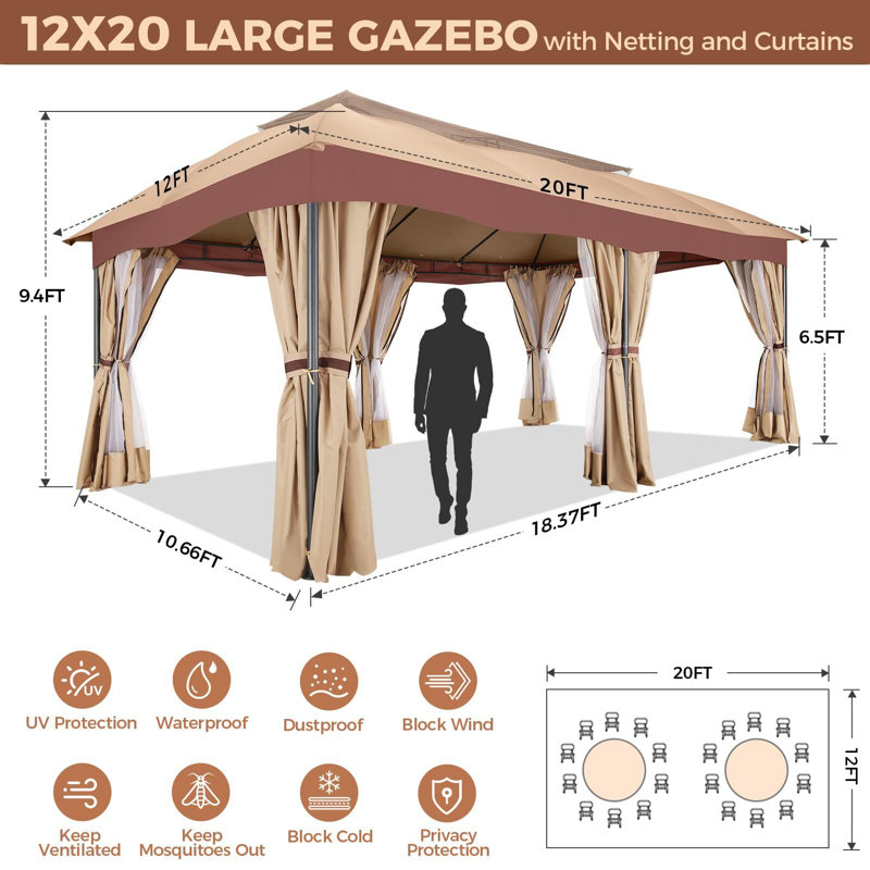 Pavillon de jardin 12 x 20 avec rideaux améliorés, Kaki