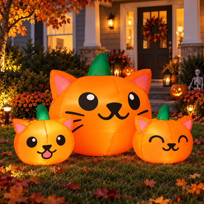 Décoration gonflable d'Halloween pour le jardin : chat lumineux à trois citrouilles de 1,5 m