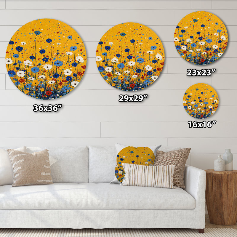 «Blue Golden Wildflower Meadow Scenery I - Traditional Blue», reproduction d'art en métal, H 16 po x l 16 po