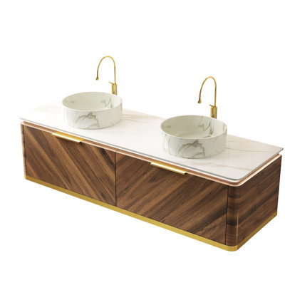 60" Wall - Fixed White Sintered Stone Counter And Dark Walnut Plywood Cabin, No Basin Faucet Sink Cap, Multi Layered For Strength Durability, Edges Shaped By Hot Bending, Gold Handles Under Auto