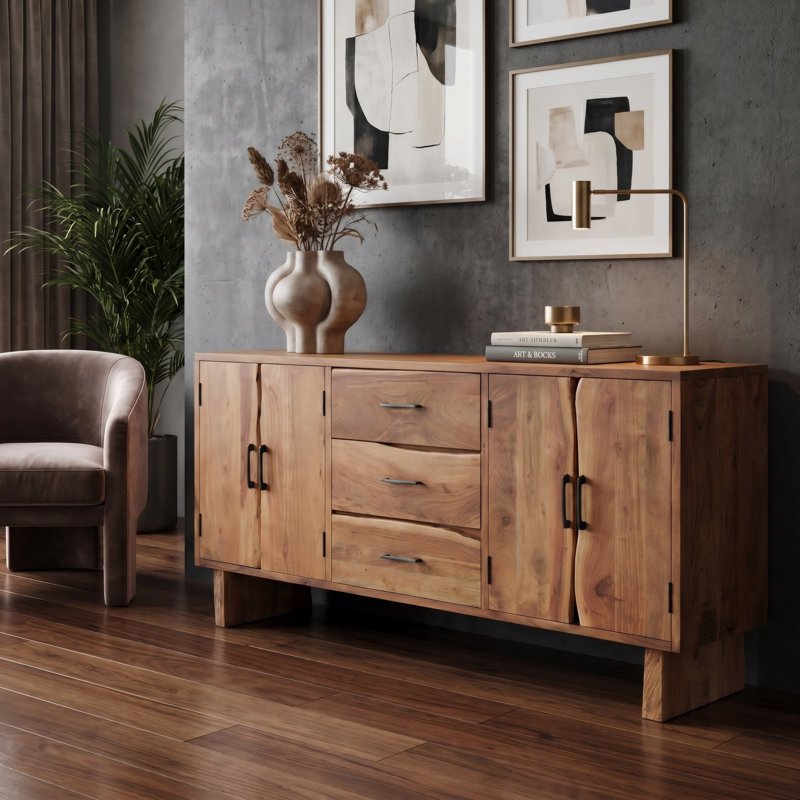 3-drawer 4-door Live Edge Solid Wood Sideboard, Natural