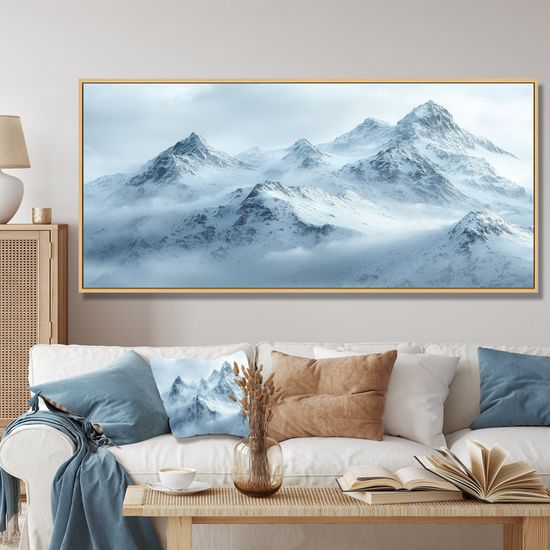 Hiver paysage de montagne I - montagnes, art mural sur toile, H 28 po x l 60 po, Impression encadrée flottante, Crème, crème