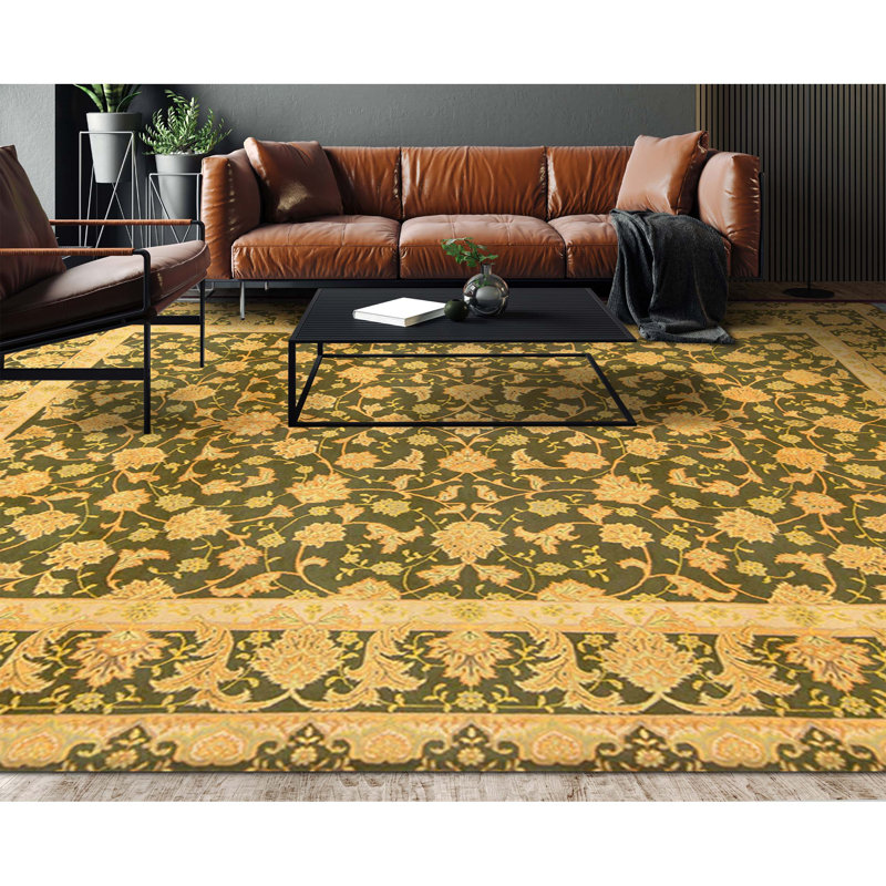 High-Quality Hand-Knotted Olive Green Area Rug