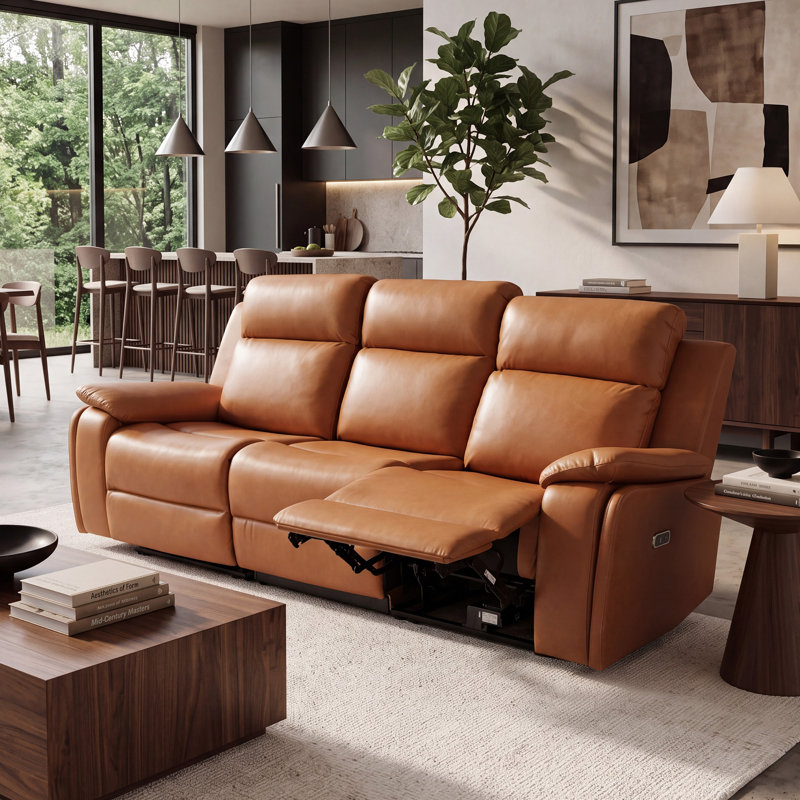 Canapé inclinable électrique 87 po en similicuir avec ports USB et porte-gobelet latéral dissimulé, position zéro gravité, brun, revêtement rembourré