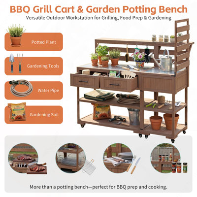 Îlot de cuisine d'extérieur en bois massif de 158 cm (62,3 po) avec chariot de préparation pour barbecue, plateau et vaisselier en acier inoxydable, brun
