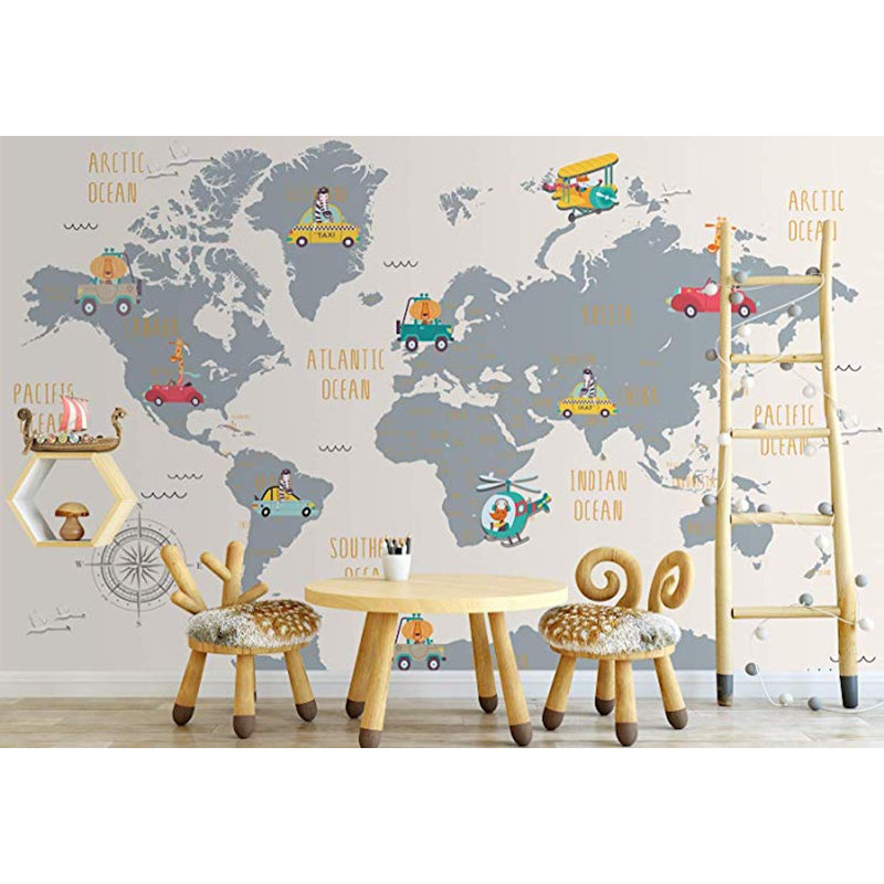 Murale carte du monde et dessin d'animaux, L 98 po x l 150 po, Gris clair