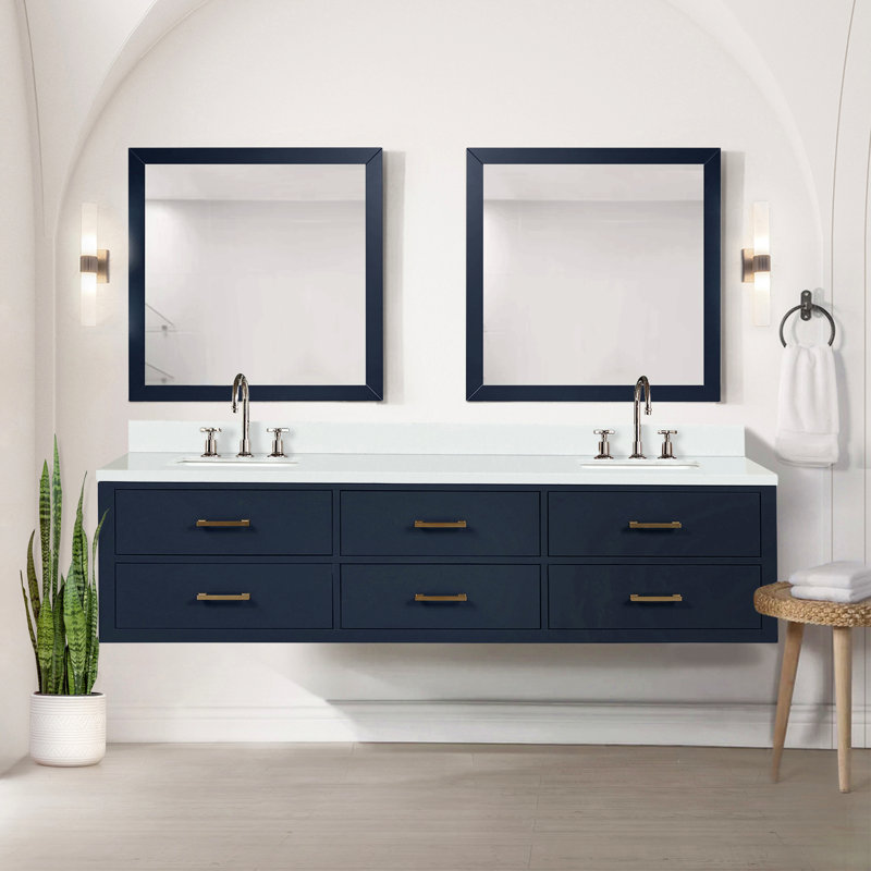 Meuble-lavabo double 80 po X P 22 po D, dessus en quartz blanc et ensemble de robinet, Bleu, Doré, 80"