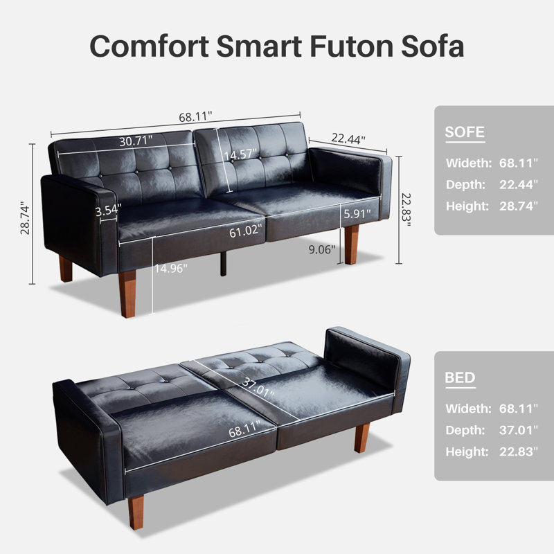 Besharat Convertible Futon Sofa Bed, Faux Leather Futon Couch Sleeper Recliner for Living Room, Black