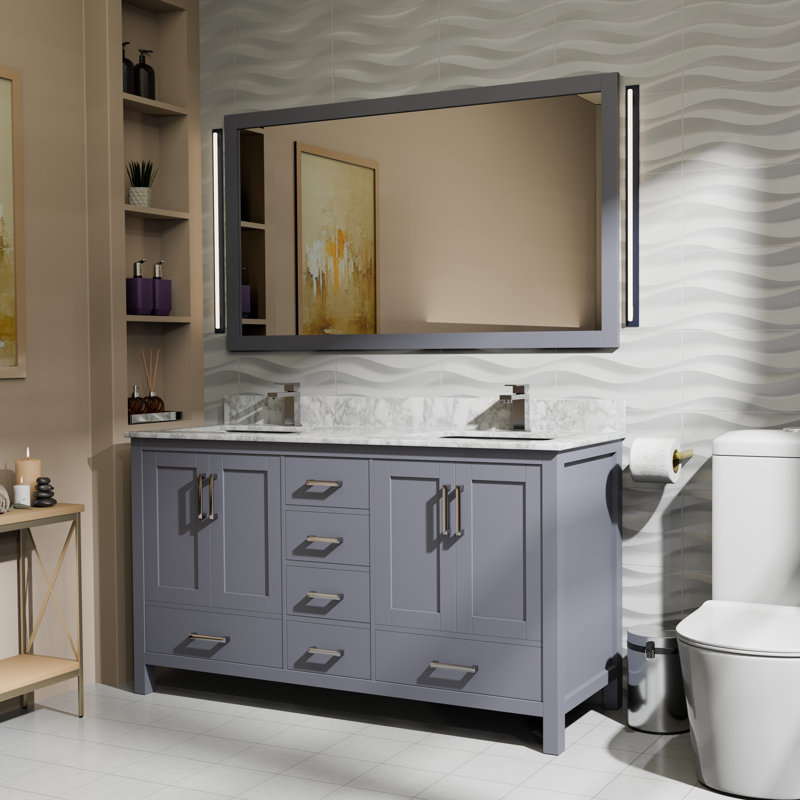 Jacques 60 in. W x 22 in. D Double Bath Vanity, and 58 in. Mirror, Dark Gray, White Carrara Marble