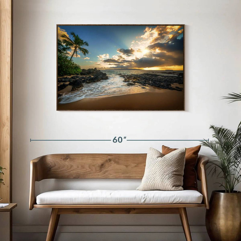 Makena Cove, ciel coucher de soleil, Cadre flottant noyer, 43 po x 29 po