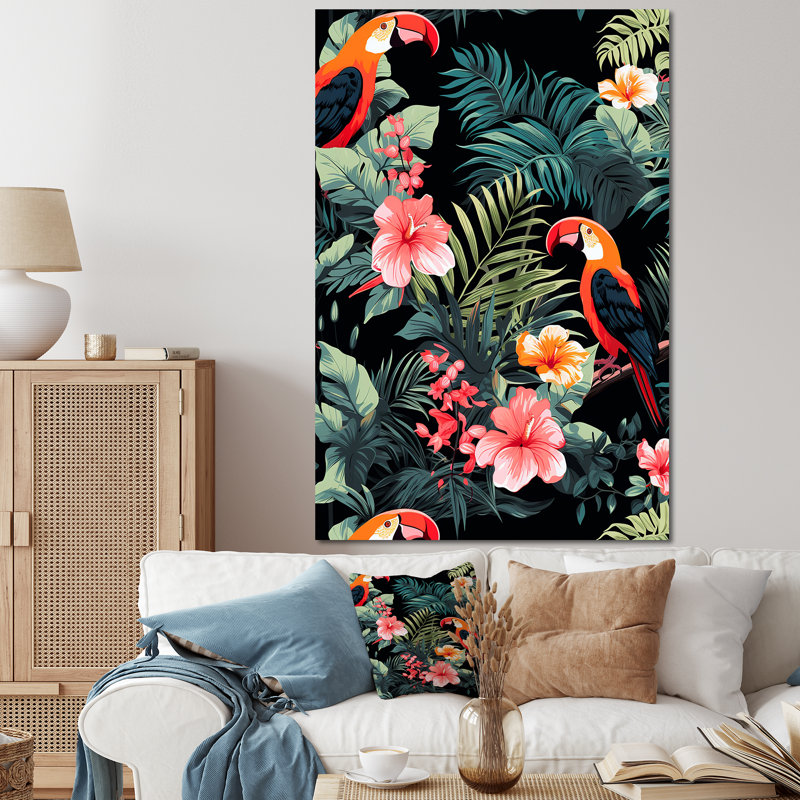Perroquets roses et plantes tropicales I - art mural perroquet, Toile tendue, 20" H x 12" W