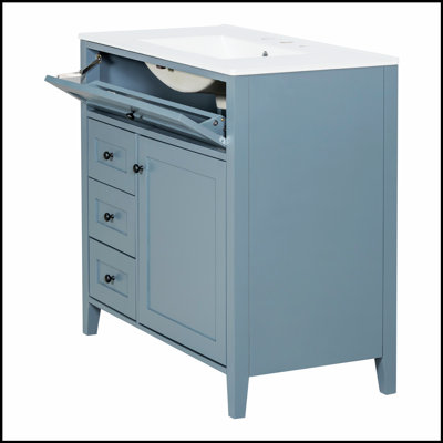 Meuble-lavabo 36 po avec lavabo, panneau de fibres à densité moyenne moderne et bois d'hévéa, 3 tiroirs, tablette réglable, autoportant pour le rangement