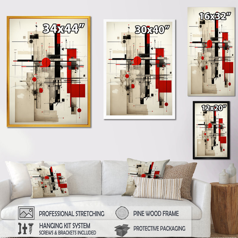 Illustration rétro rouge et bleue - Décoration murale géométrique moderne, H 32 po x l 24 po x P 1 po, Cadre simple argenté