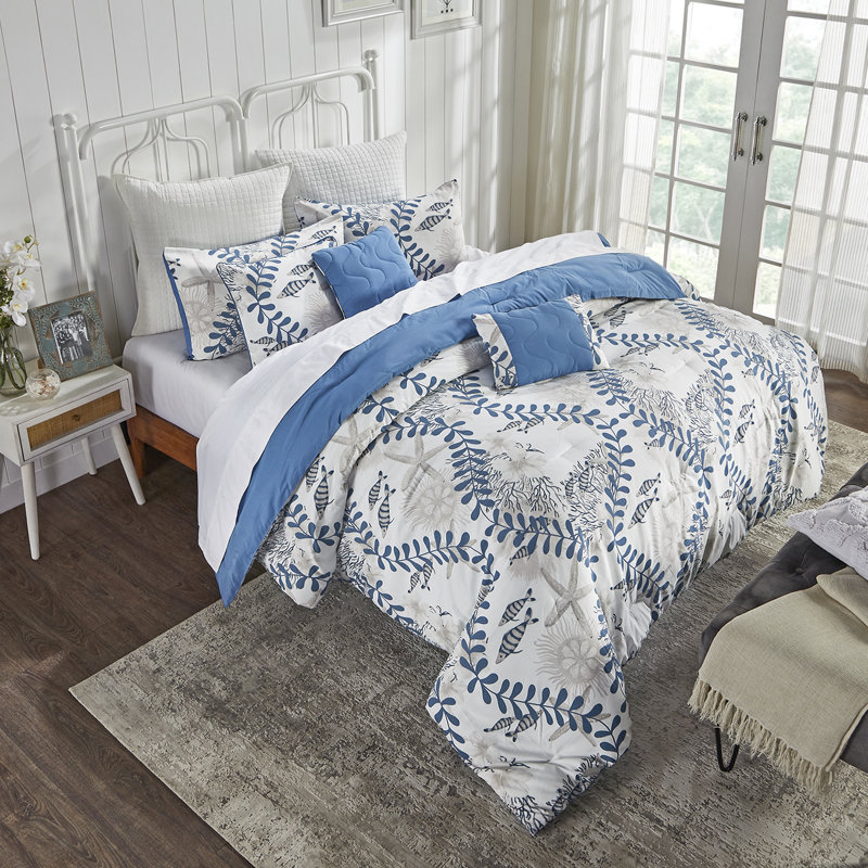 Caspian Blue and White Microfiber Queen Comforter Set with Nautical Design