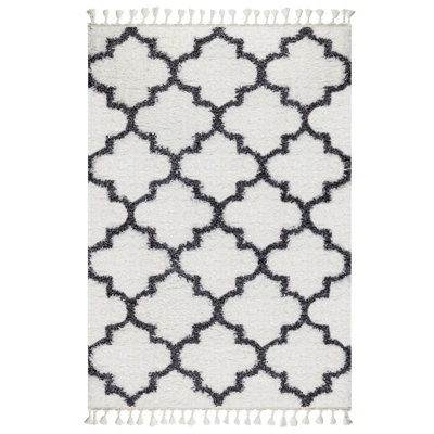 Tapis luxueux, blanc et anthracite | 100% polyester brillant, hauteur de poils de 1,97 po | Semelle en jute de coton durable, 400 000 points de fil | Conception à franges, nettoyage facile à l'aspirateur, décoration intérieure élégante