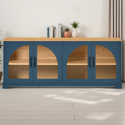 Buffet 66,9 po avec rangement, meuble télé de style campagne avec 4 portes en verre semi-arquées, buffet grain de bois avec tablettes réglables et gestion des câbles