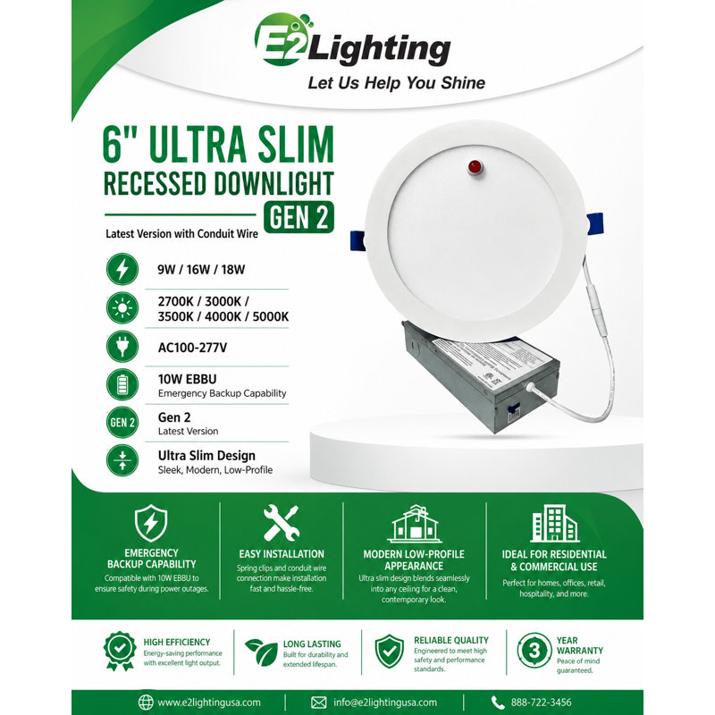 Luminaire encastré à DEL commercial de 6 pouces E2 Lighting avec pile de secours de 90 minutes, 100 à 277 V, 5 CCT, couleur sélectionnable