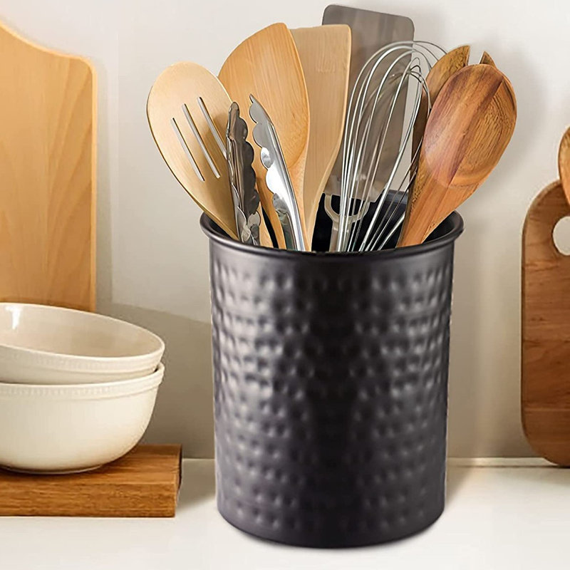 Hand Hammered Metal Kitchen Utensil Holder, Black