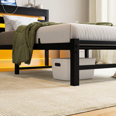 Heavy Duty Twin Platform Bed Frame With Headboard, Charging, Colorful Led Lighting, Slats, Noise - , Under Storage, Simple Assembly, Black Bed, Convenient Ports, Strong Easy To Put Together,