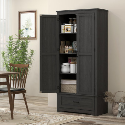 Armoire de rangement de 69 po de hauteur avec garde-manger autoportant Farmhouse avec 2 portes, tiroir et tablettes réglables pour la salle à manger, noir