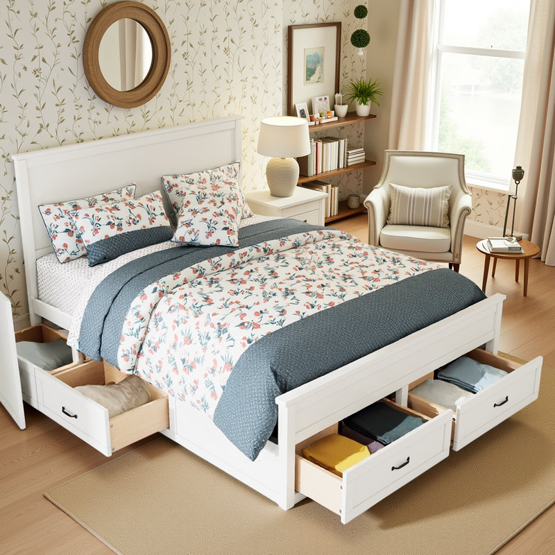 Afore Queen Platform Bed with 6 Storage Drawers and Tall Headboard, White