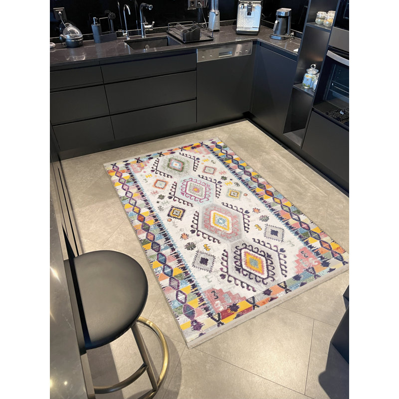 Tapis décoratif rétro à motif géométrique multicolore, Tapis de couloir 3 pi 3,37 po x 9 pi 10,11 po