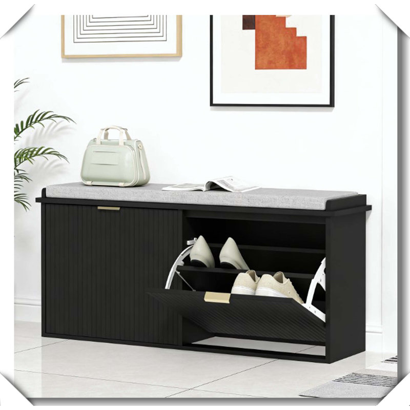 Banc de rangement pour chaussures d'entrée, Noir/gris, Deux (2) tiroirs rabattables
